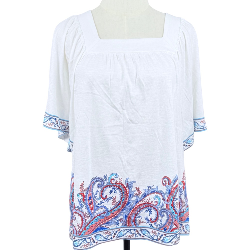J.Jill Women Small Blouse White‎ Paisley Border Boho Square Neck Flutter Sleeve